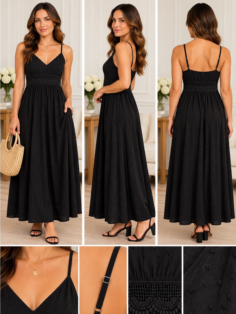 Lily Black Maxi Dress with Crochet Waist and Spaghetti Straps
